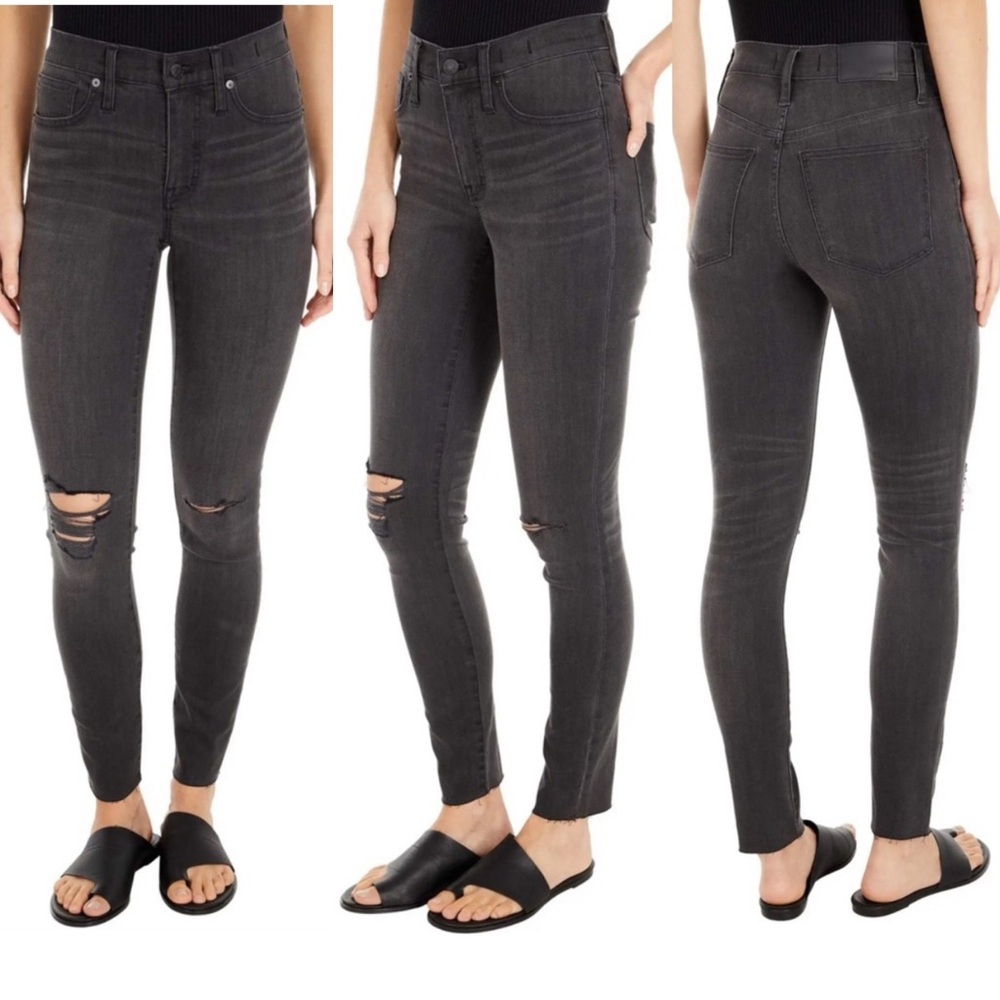 Madewell 9'' Mid-Rise Ripped Distressed Raw Hem Skinny Jeans in Black Sea (25)